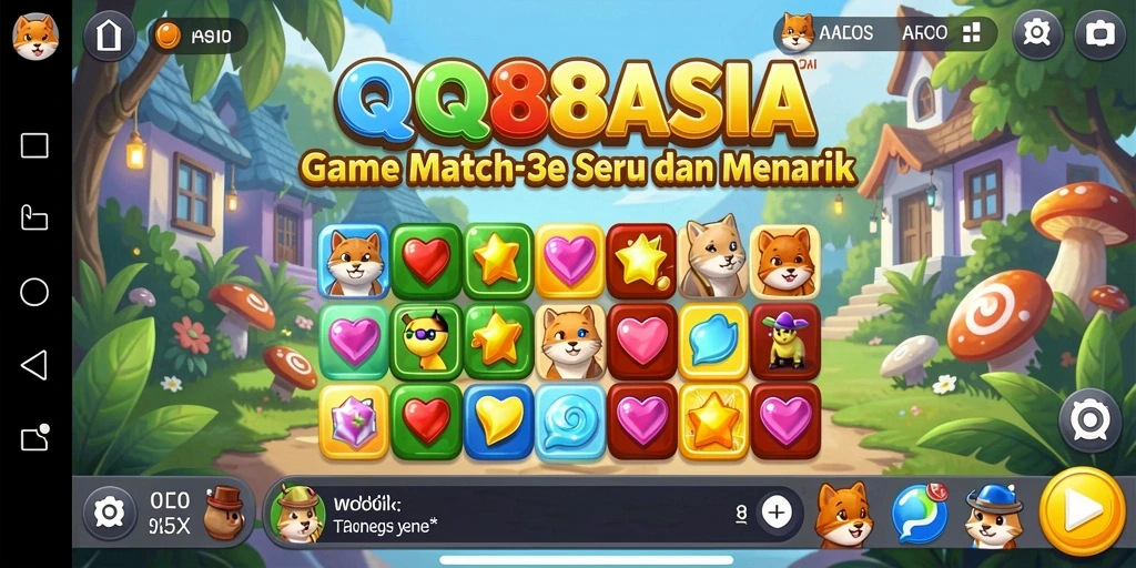 Tangkapan layar gameplay QQ88ASIA yang menampilkan level Match-3 yang penuh warna.