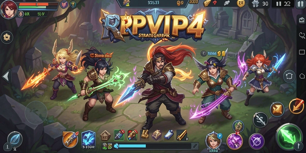 Skrinsut utama RPVIP4 menampilkan aksi pertempuran yang seru dalam gameplay SLG.